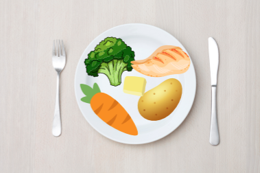 Illustration of a dinner plate with a healthy balance of vegetables and protein