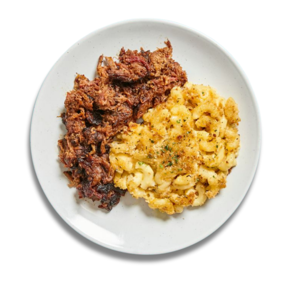 BBQ Beef with Mac & Cheese, featuring smoked beef brisket, BBQ sauce, and butternut cheddar baked mac & cheese, a new summer menu item from Fitlife Foods