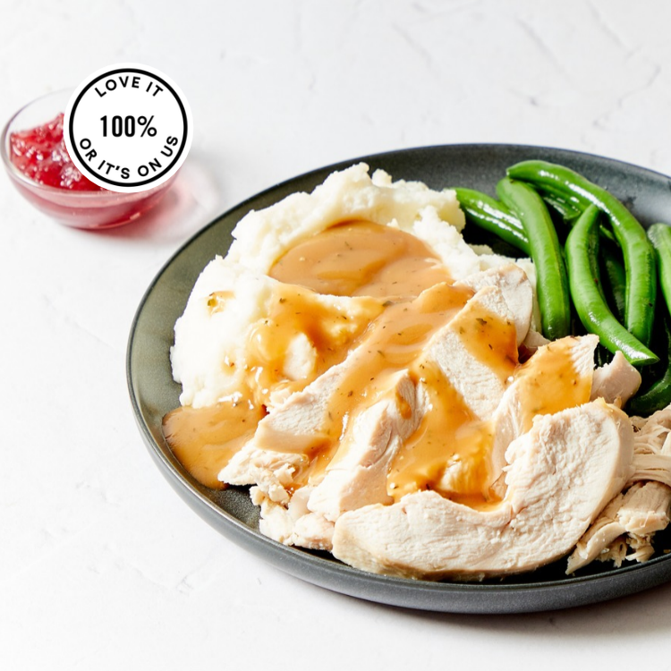 A plate showing Tender roasted turkey breast, creamy mashed potatoes, crisp green beans, savory gravy, and cranberry relish come together for a satisfying plate with 40 grams of protein and 5 grams of fiber.
